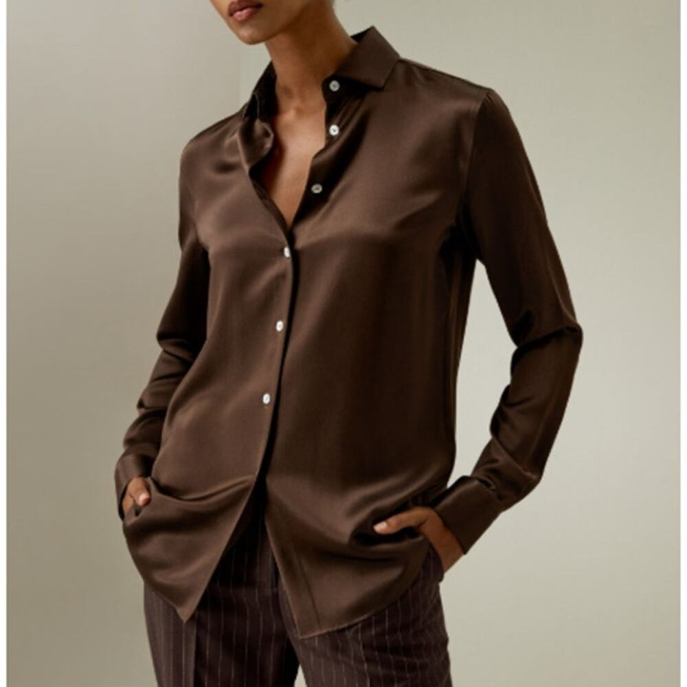 Lilysilk Spread Collar Silk Shirt Chocolate Size S